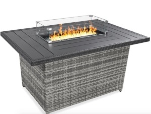 Wicker Propane Fire Pit Table, 50,000 BTU, 52in, Gray, Missing Glass Wind Guard & Glass Rocks, Missing Hardware