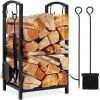 5-Piece Firewood Log Rack Holder Tools Set w/ Hook, Broom, Shovel, Tongs 