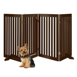 31.5in 4-Panel Freestanding Wooden Pet Gate w/ Door, Support Feet 