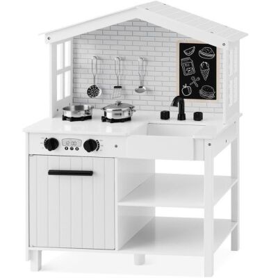 Kids Farmhouse Play Kitchen w/ Chalkboard, Storage Shelves, 5 Accessories 