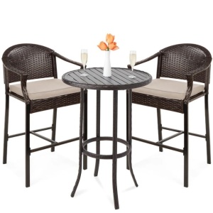 3-Piece Outdoor Bistro Wicker Table Bar Set w/ Bar Stools, Footrests