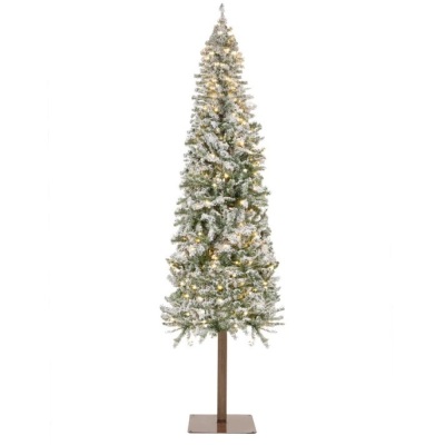Pre-Lit Snow Flocked Alpine Slim Pencil Christmas Tree w/ LED Lights, Stand