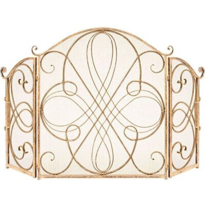 3-Panel Wrought Iron Metal Fireplace Screen Cover w/ Scroll Design - 55x33in 