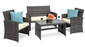4-Piece Wicker Patio Furniture Set w/ 4 Seats, Tempered Glass Table Top - Gray Wicker/Cream Cushions