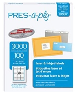 PRES-a-ply Laser Address Labels, 1" x 2-5/8", White, 3000/Box