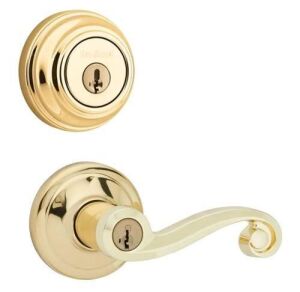 Lot of (2) Kwikset Lido Polished Brass Exterior Entry Door Handle and Single Cylinder Deadbolt Combo Pack Featuring SmartKey Security