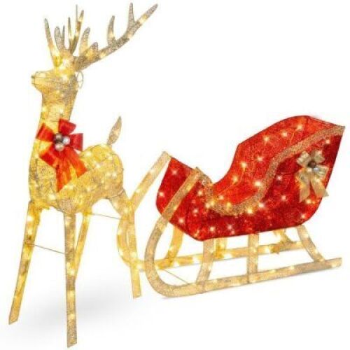 Lighted Christmas Reindeer & Sleigh Outdoor Decor Set w/ LED Lights&nbsp;