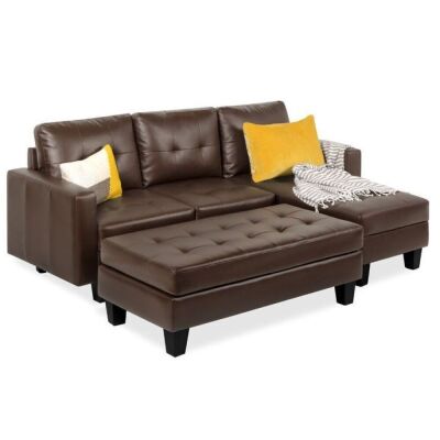 L-Shape Customizable Faux Leather Sofa Set w/ Ottoman Bench 