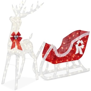 Lighted Christmas Reindeer & Sleigh Outdoor Decor Set w/ LED Lights 