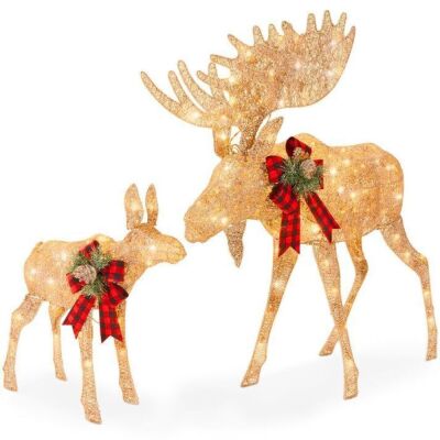 2-Piece Moose Family Lighted Outdoor Christmas Decoration Set w/ LED Lights 