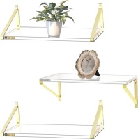 Set of 3 Clear Acrylic Floating Shelves w/ Gold Brackets
