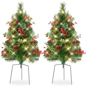 Set of 2 Pre-Lit Pathway Christmas Trees w/ Pine Cones, Timer - 24.5in 