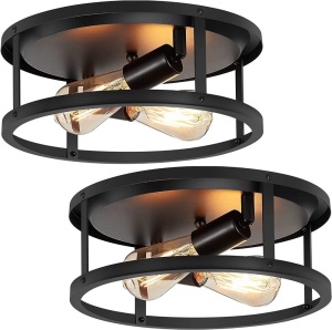 Flush Mount Two Bulb Ceiling Light, Black, 2 Pack