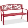 50in Steel Outdoor Patio Garden Park Bench w/ Pastoral Bird Design - Red