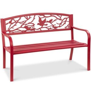 50in Steel Outdoor Patio Garden Park Bench w/ Pastoral Bird Design - Red