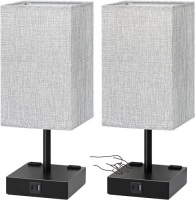 Set of (2) Touch Control Table Lamps, USB C+A Charging Ports & AC Outlets, 3 Way Dimmable, Blub Included