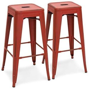 Set of 2 Metal Bar Stools, Red Antique