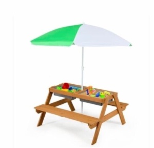 Costway 3-in-1 Kids Picnic Table Outdoor Water Sand Table w/ Umbrella Play Boxes