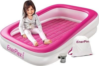 Kids Inflatable Travel Bed with High Speed Pump, Built-in Safety Bumper, Pink, 66"L x 44"W x 13"Th