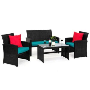 4-Piece Outdoor Wicker Conversation Patio Set w/ 4 Seats, Glass Table Top 