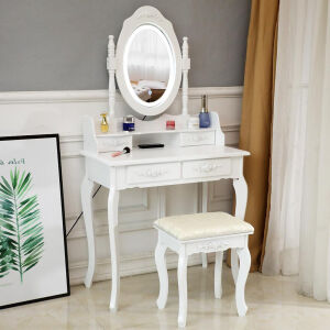 FCH Elegance White Dressing Table Vanity Table and Stool Set Wood Makeup Desk with 4 Drawers & Mirror