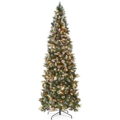 7.5' Pre-Lit Partially Flocked Pencil Christmas Tree w/ Pine Cones, Metal Stand 