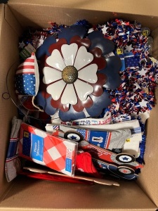 Large Box of Misc 4th of July Party Supplies, Decor & Shirts