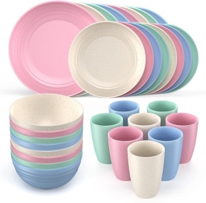 Wheat Straw Dinnerware Set, 32 Pieces, Dinner Plates, Dessert Plates, Cereal Bowls, Kids Cups, Microwave Safe