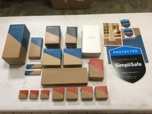 SimpliSafe Security System. Includes: Base Station, Keypad, SimpliCam, Video Doorbell, Smart Door Lock, (2) Smoke Detectors, (2) Ket Fobs, Extra Siren, (3) Entry Sensors, (2) Glass Break Sensors, (2) Motion Sensors, and Yard Sign with Stake. Items are in 