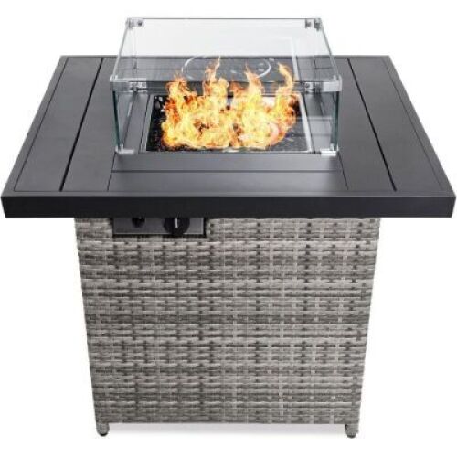 32in Fire Pit Table 50,000 BTU Wicker Propane w/ Wind Guard, Cover&nbsp;