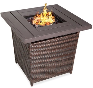 28in Fire Pit Table 50,000 BTU Wicker Propane w/ Faux Wood Tabletop