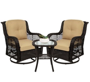 3-Piece Patio Wicker Bistro Furniture Set w/ 2 Swivel Rocking Chairs, Table