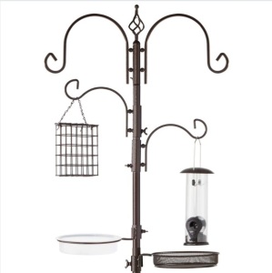 4-Hook Bird Feeding Station, Steel Feeder Stand w/ 2 Bird Feeders - 91in