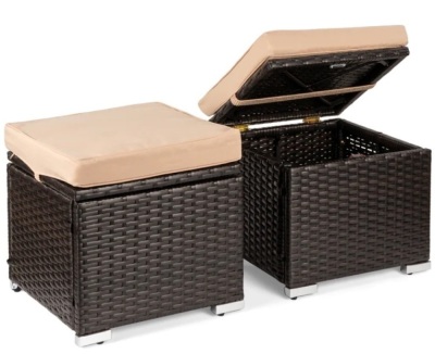 Set of 2 Wicker Ottomans w/ Removable Cushions, Steel Frame