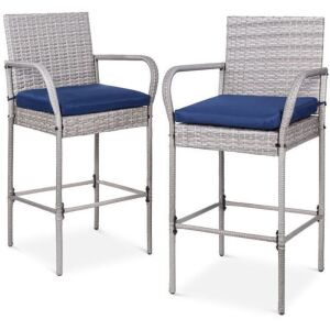 Set of 2 Indoor Outdoor Wicker Bar Stools w/ Cushion, Footrests, Armrests 