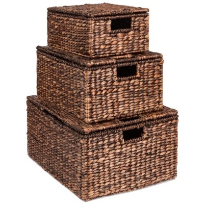 Set of (3) Large Hyacinth Storage Baskets w/ Handles, Lid - 21", 20", 18"