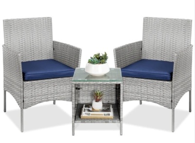 3-Piece Outdoor Patio Wicker Bistro Set w/ Side Storage Table