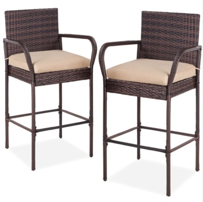 Set of 2 Indoor Outdoor Wicker Bar Stools w/ Cushion