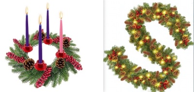 Bundle of Misc Christmas Decor-Advent Wreath Decoration(No Candles) & 12.5 Feet Prelit Garland