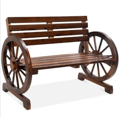 2-Person Rustic Wooden Wagon Wheel Bench w/ Slatted Seat