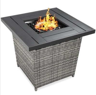 28in Fire Pit Table 50,000 BTU Wicker Propane w/ Faux Wood Tabletop