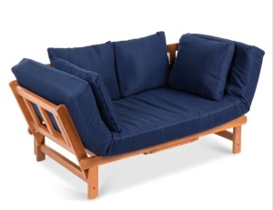 Outdoor Convertible Acacia Wood Futon Sofa w/ 4 Pillows