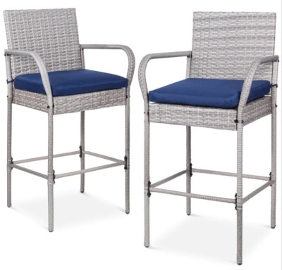 Set of 2 Indoor Outdoor Wicker Bar Stools w/ Cushion