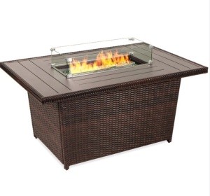 Wicker Propane Fire Pit Table, 50,000 BTU w/ Glass Wind Guard, Cover - 52in