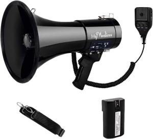 MyMealivos Megaphone with Siren Bullhorn 50 Watt Bullhorn Speaker with Detachable Microphone, Portable Lightweight Strap & 3.5mm Aux Input