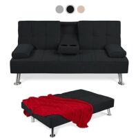 Linen Upholstered Convertible Sofa Bed Futon w/ 2 Cupholders&nbsp;