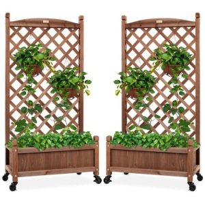 Set of 2 Wood Planter Box & Lattice Trellis w/ Optional Wheels - 48in