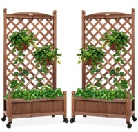 Set of 2 Wood Planter Box & Lattice Trellis w/ Optional Wheels - 48in