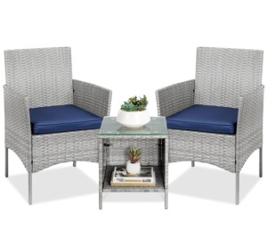 3-Piece Outdoor Patio Wicker Bistro Set w/ Side Storage Table