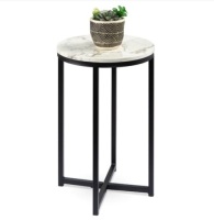 Round Coffee Side Table w/ Faux Marble Top, Metal Frame - 16in